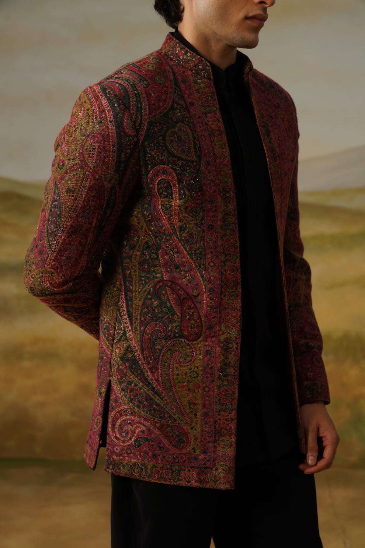 Dushala Maroon Pashmina Jacquard Jodhpuri Set