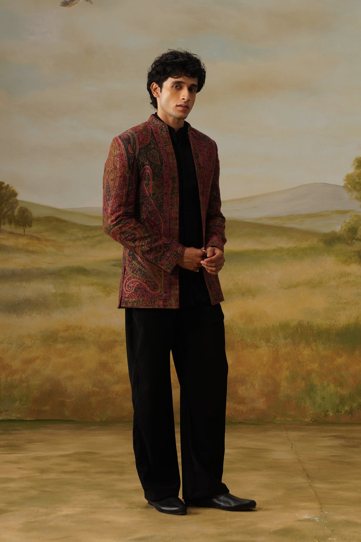 Dushala Maroon Pashmina Jacquard Jodhpuri Set