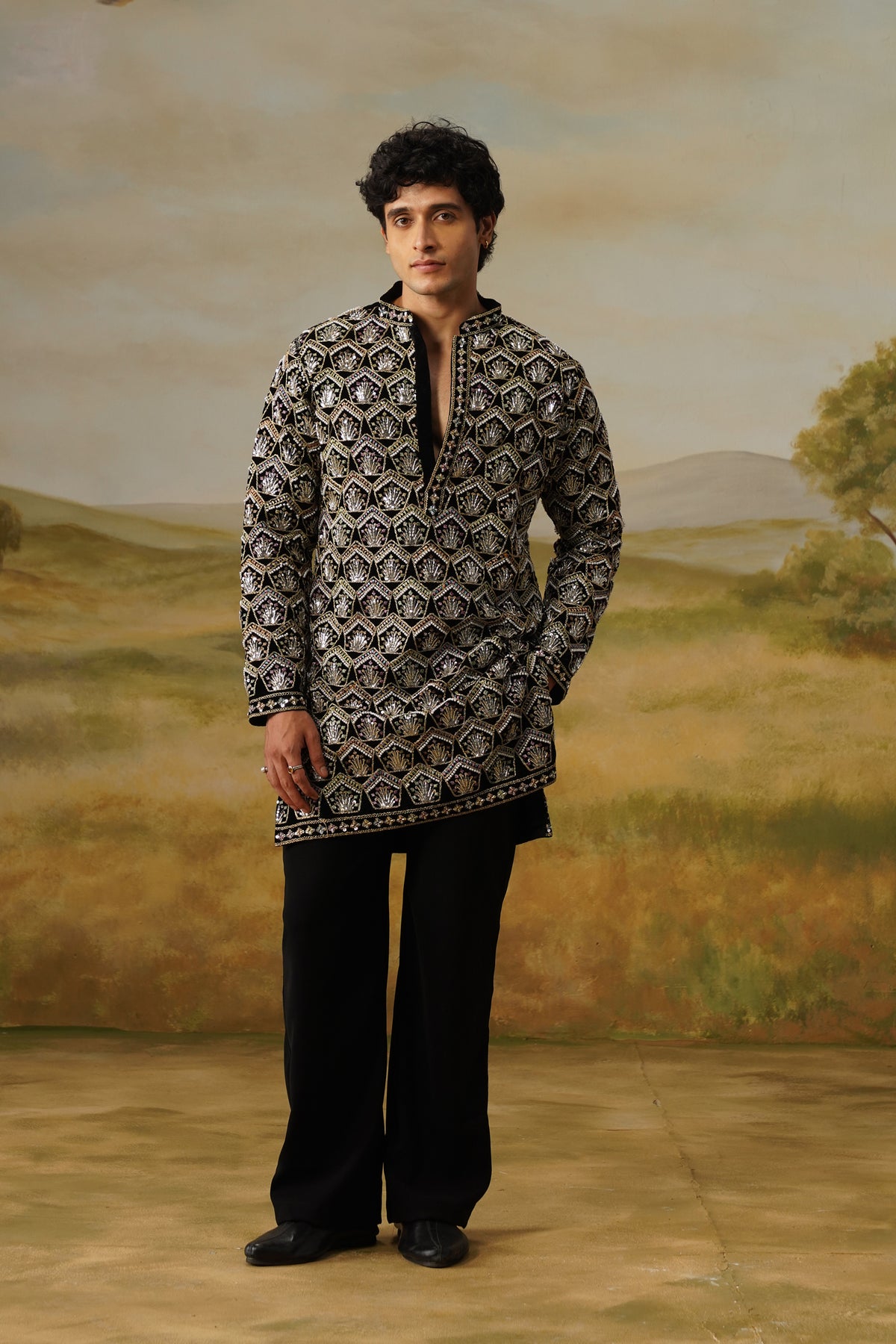 Mehraab Black Bead Embroidered Kurta Set With Dupatta