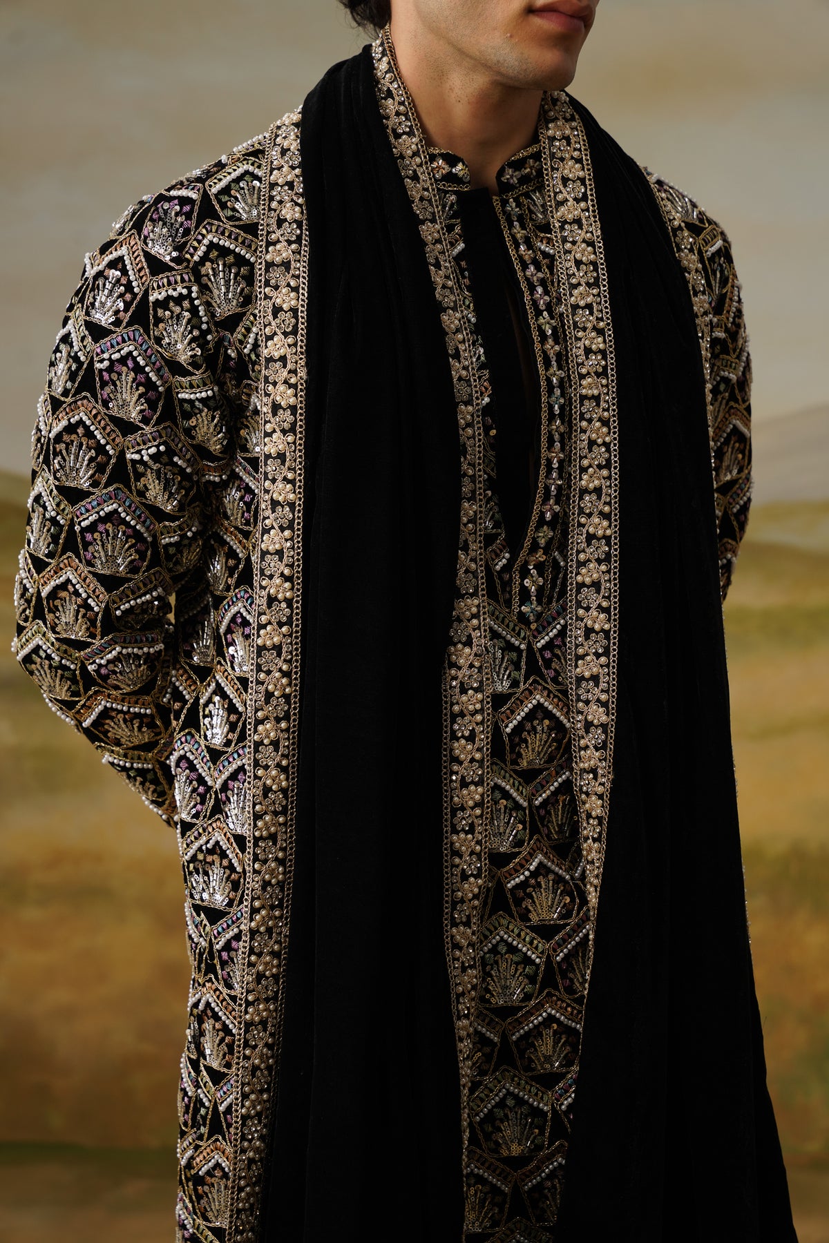 Mehraab Black Bead Embroidered Kurta Set With Dupatta