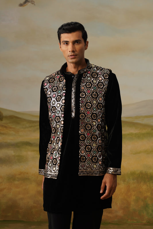 Shabistan Black Velvet Bead Embroidered Kurta Jacket Set