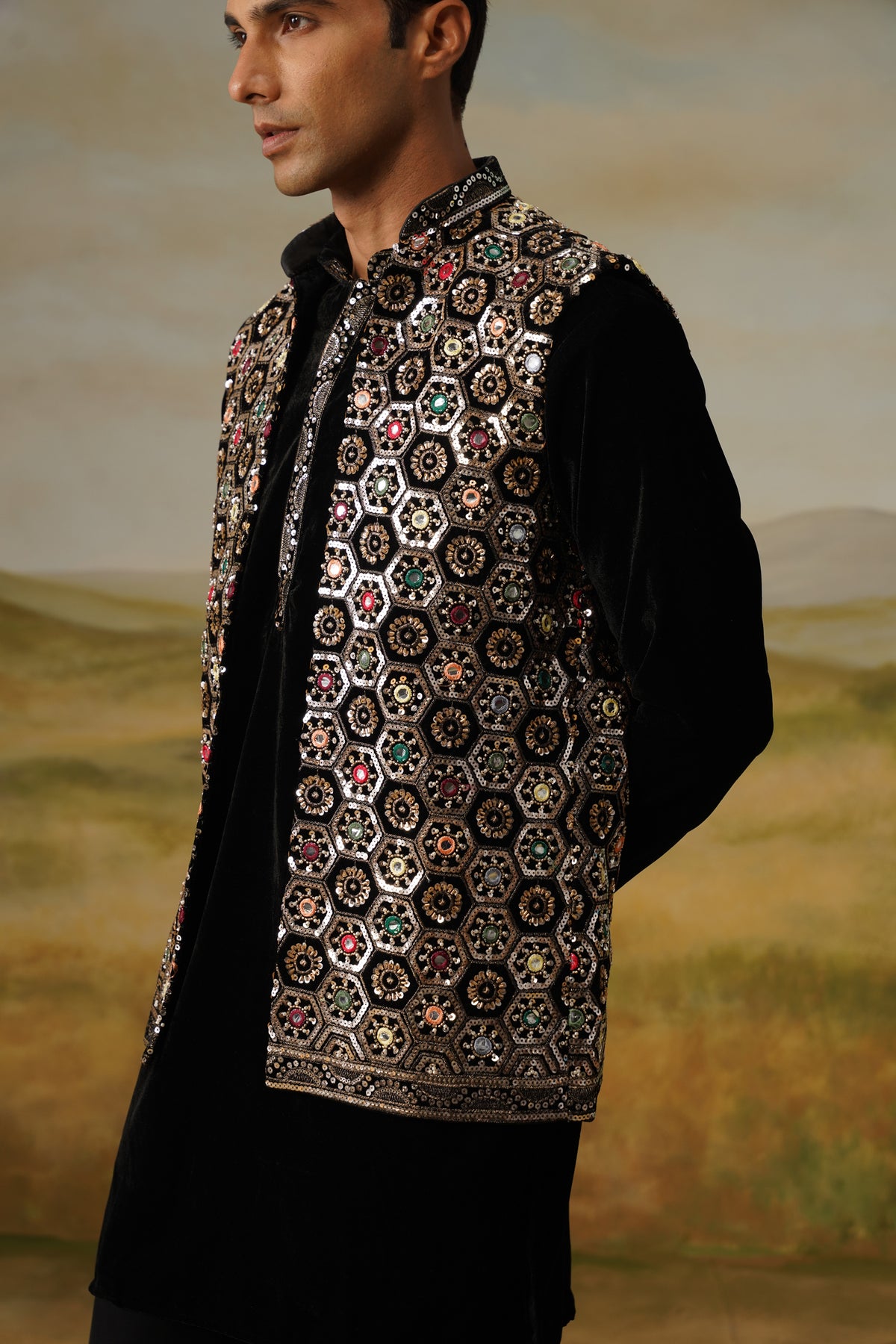 Shabistan Black Velvet Bead Embroidered Kurta Jacket Set