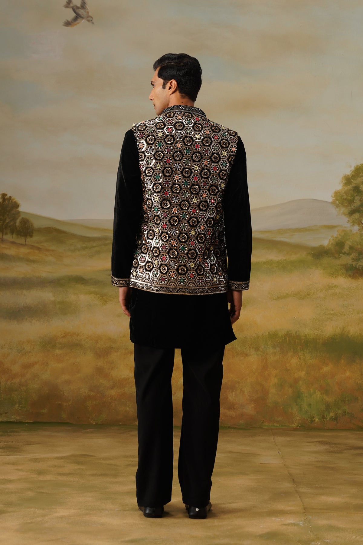 Shabistan Black Velvet Bead Embroidered Kurta Jacket Set