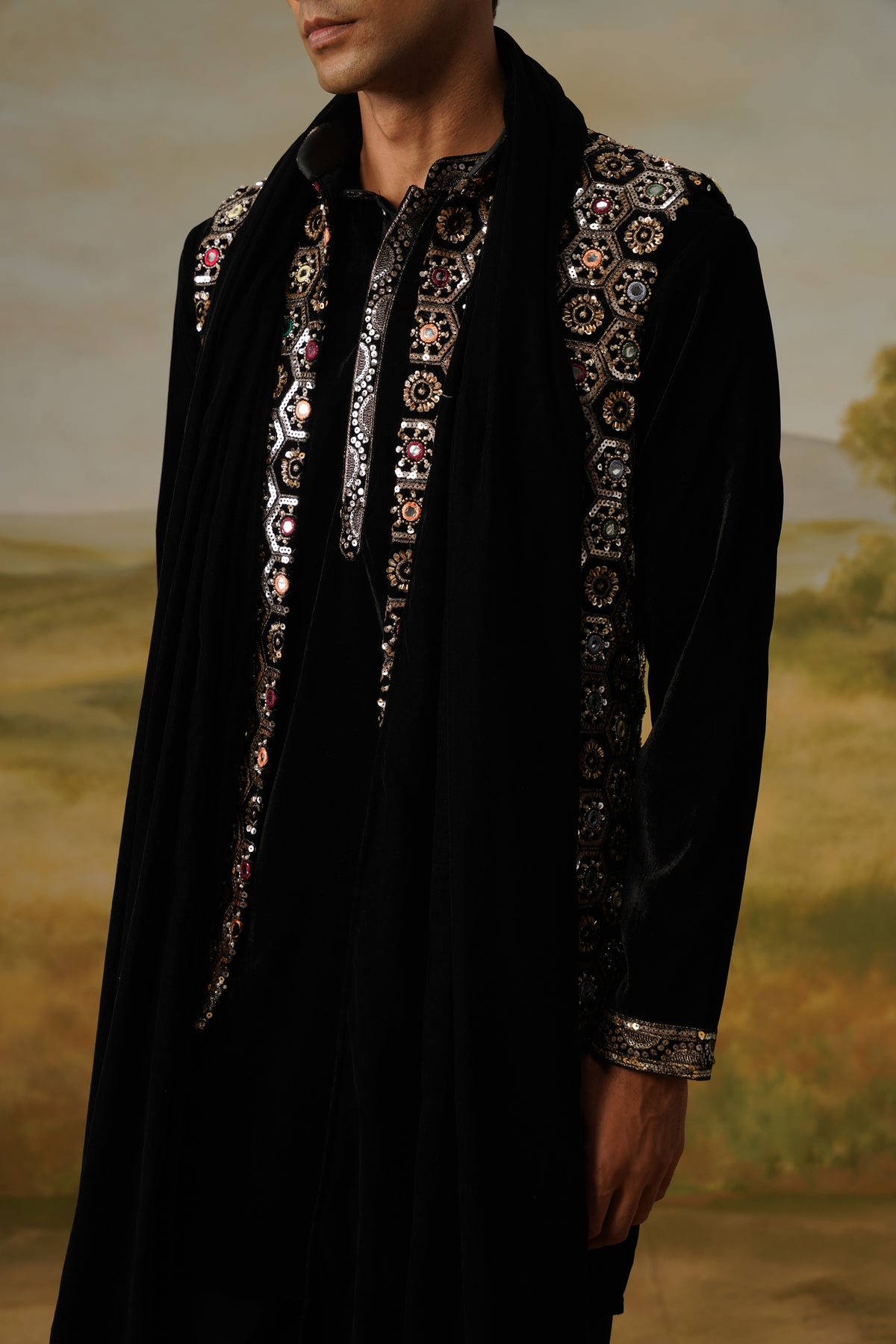 Shabistan Black Velvet Bead Embroidered Kurta Jacket Set