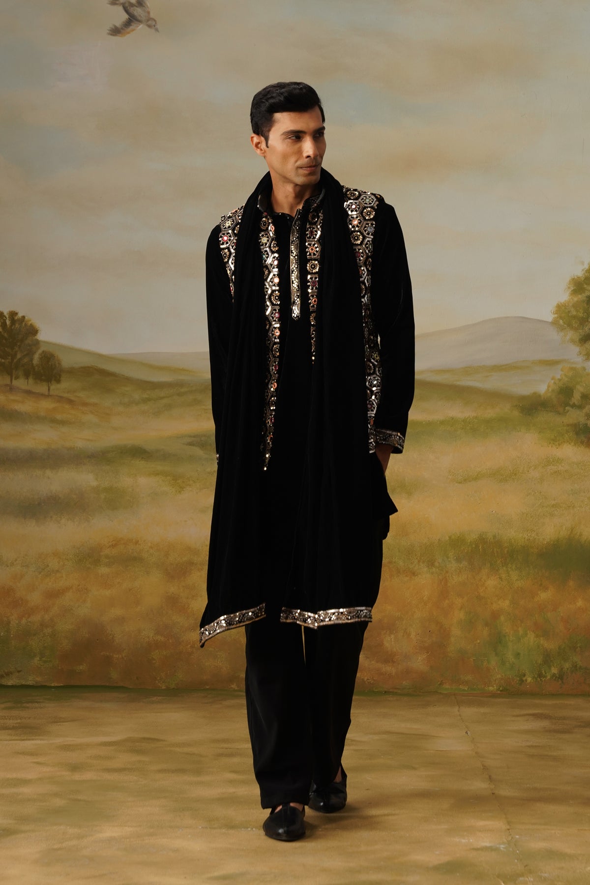 Shabistan Black Velvet Bead Embroidered Kurta Jacket Set
