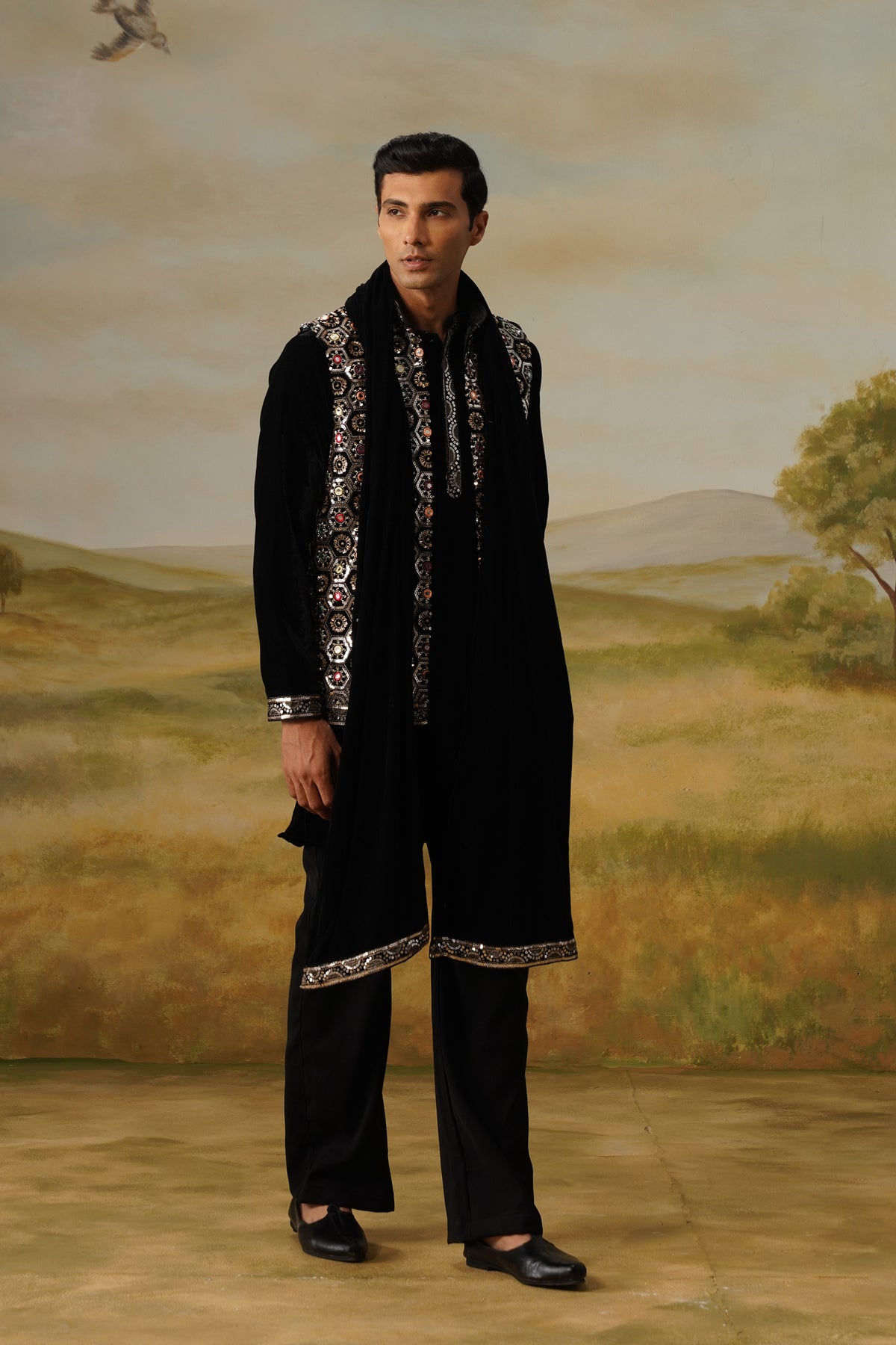 Shabistan Black Velvet Bead Embroidered Kurta Jacket Set