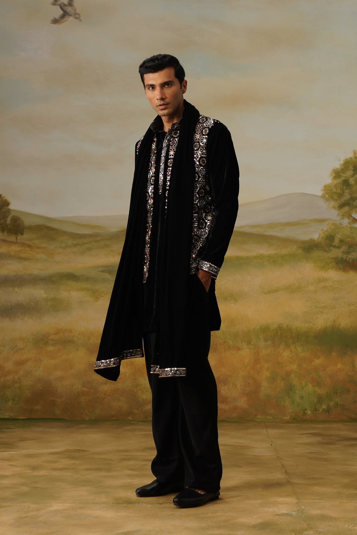 Shabistan Black Velvet Bead Embroidered Kurta Jacket Set