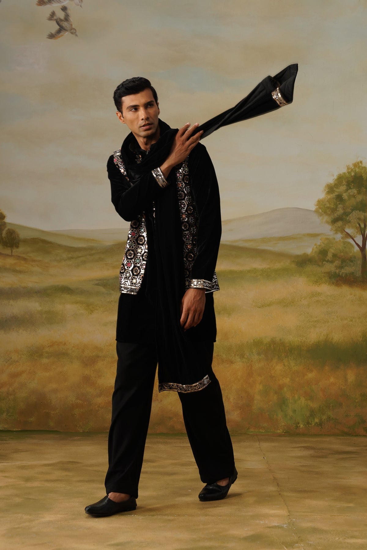 Shabistan Black Velvet Bead Embroidered Kurta Jacket Set