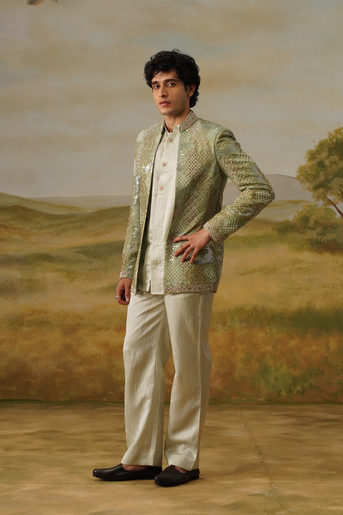 Shaadaab Sage Sequin Beadwork Jodhpuri Set