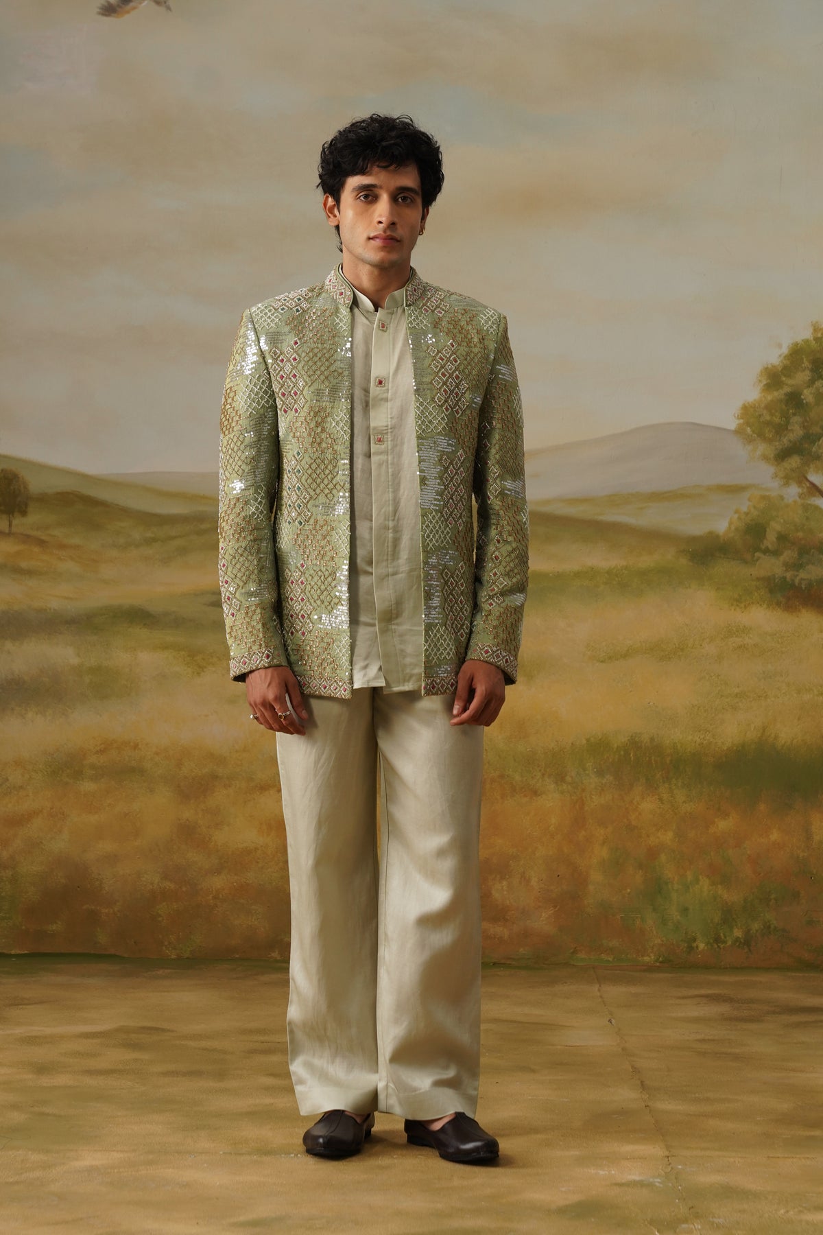 Shaadaab Sage Sequin Beadwork Jodhpuri Set