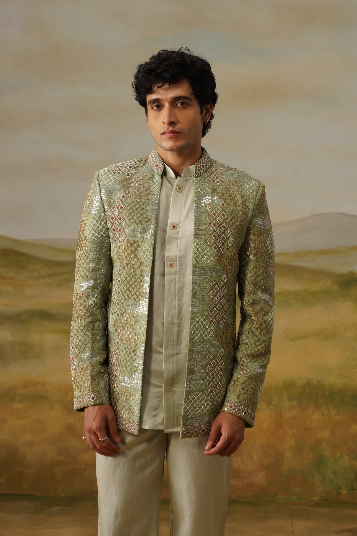 Shaadaab Sage Sequin Beadwork Jodhpuri Set