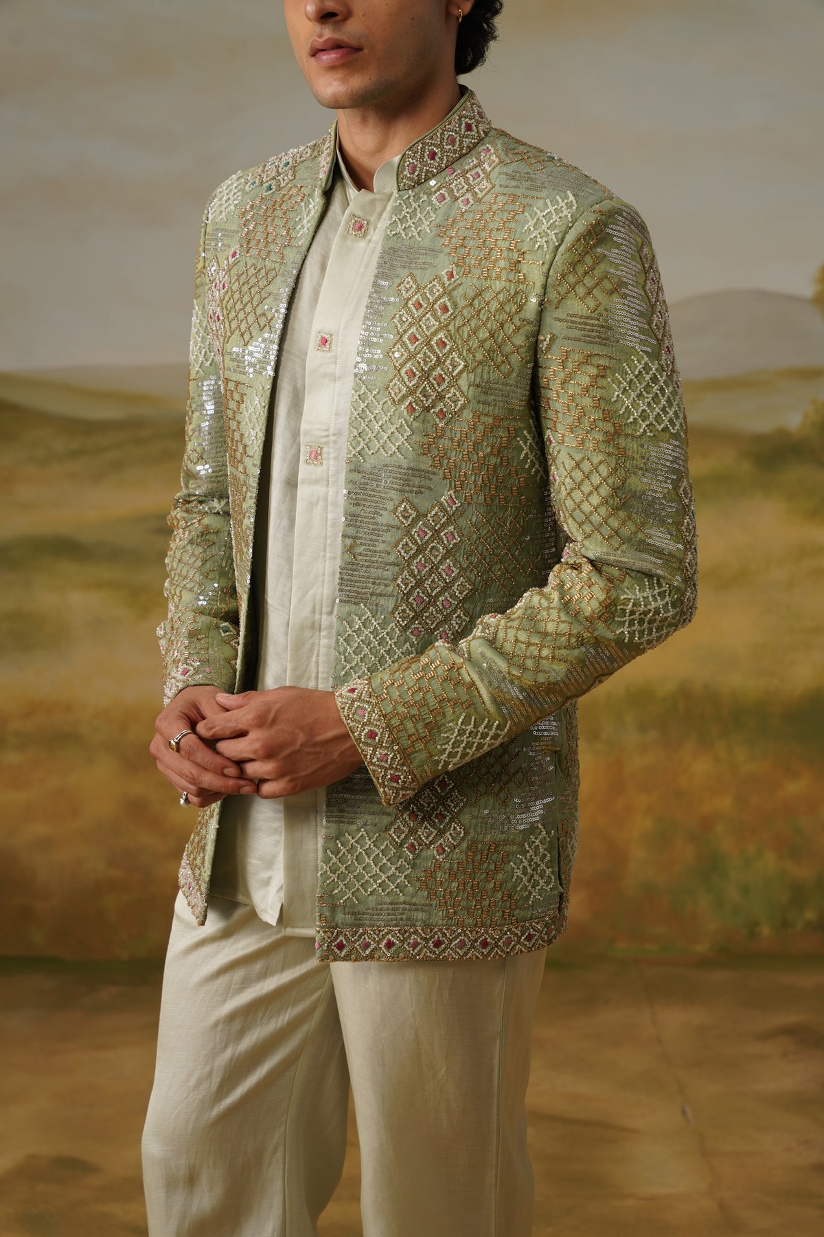 Shaadaab Sage Sequin Beadwork Jodhpuri Set