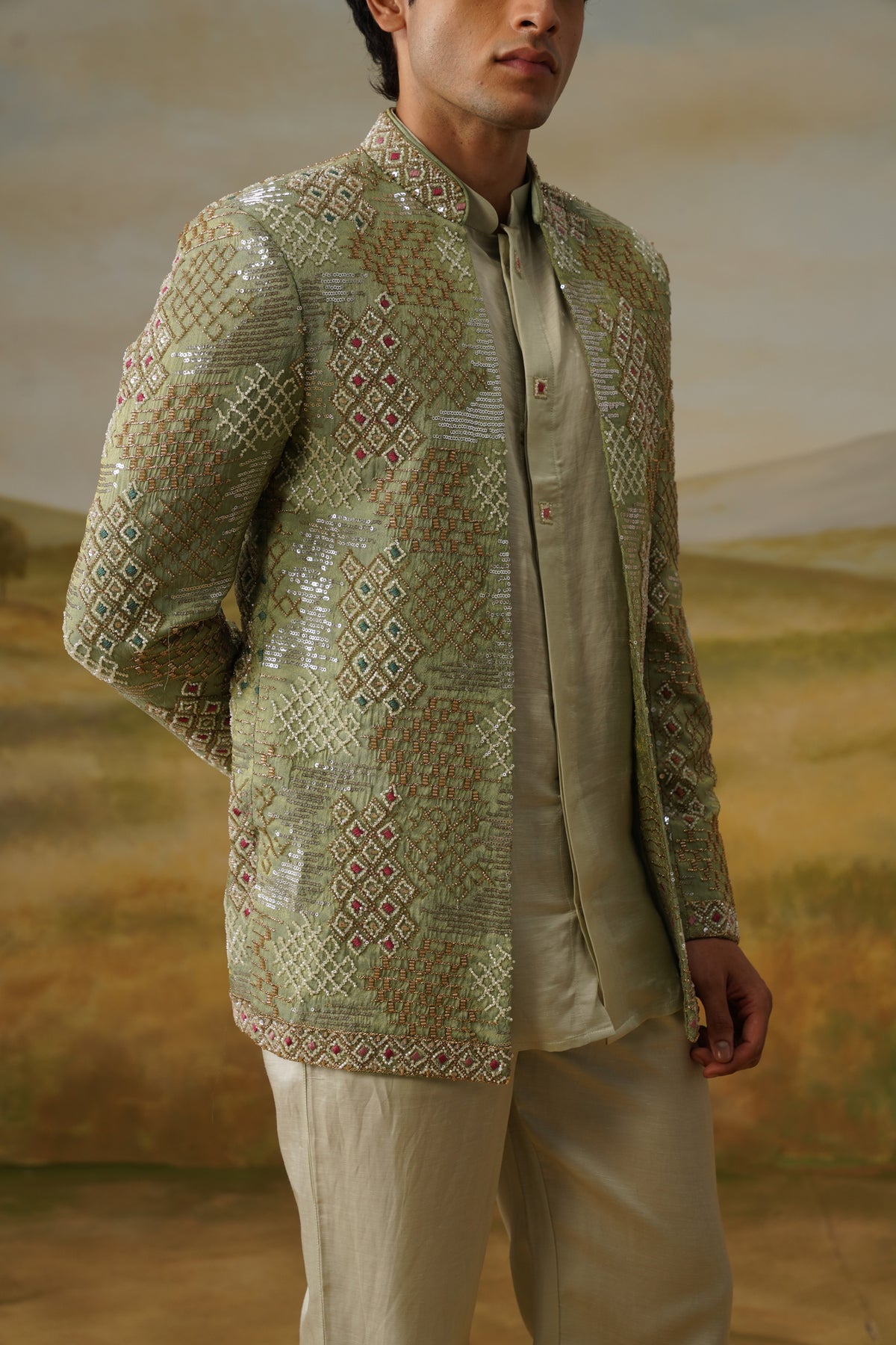 Shaadaab Sage Sequin Beadwork Jodhpuri Set