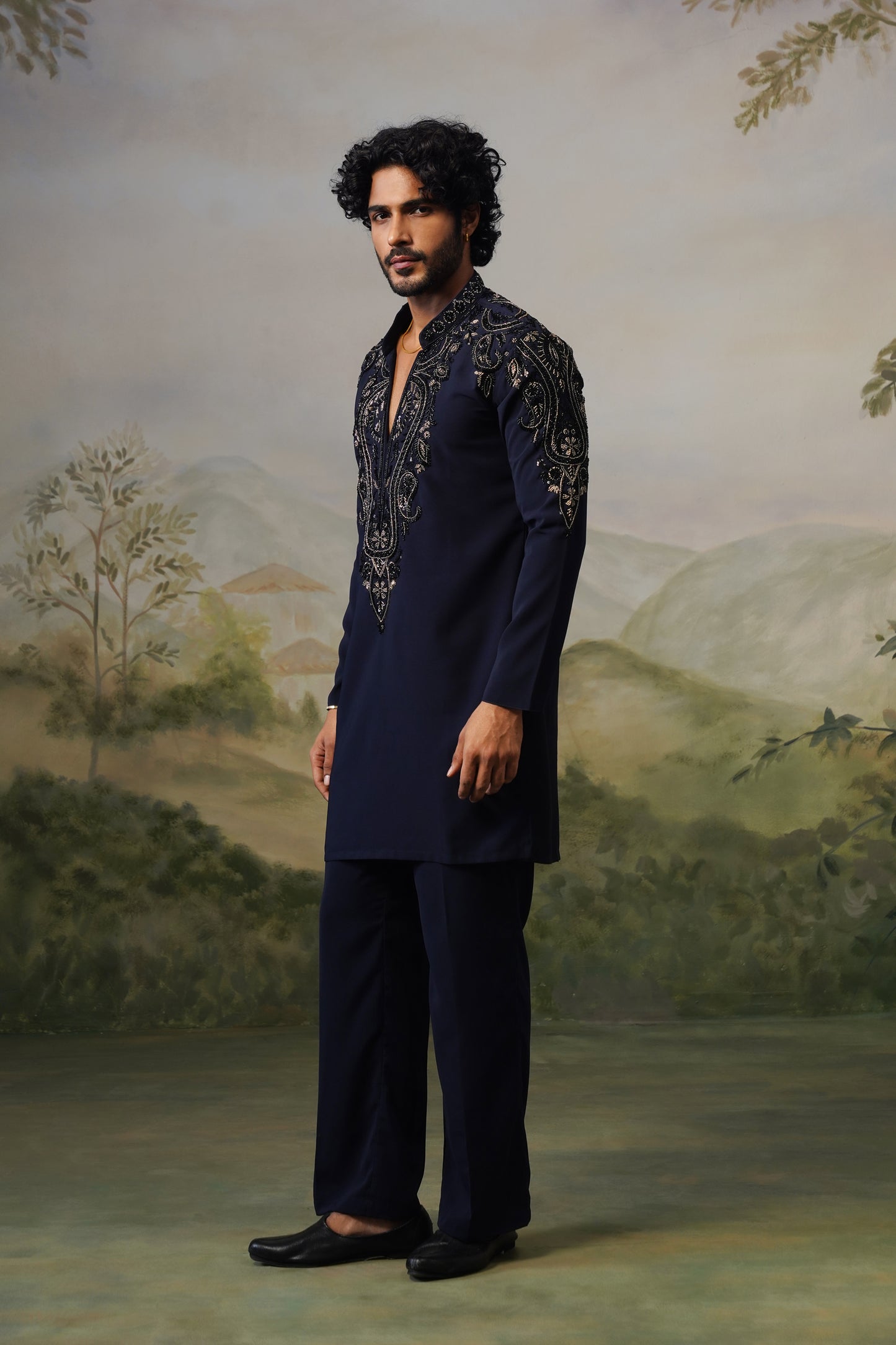 Noor Navy Paisley Bead Embroidered Kurta Set
