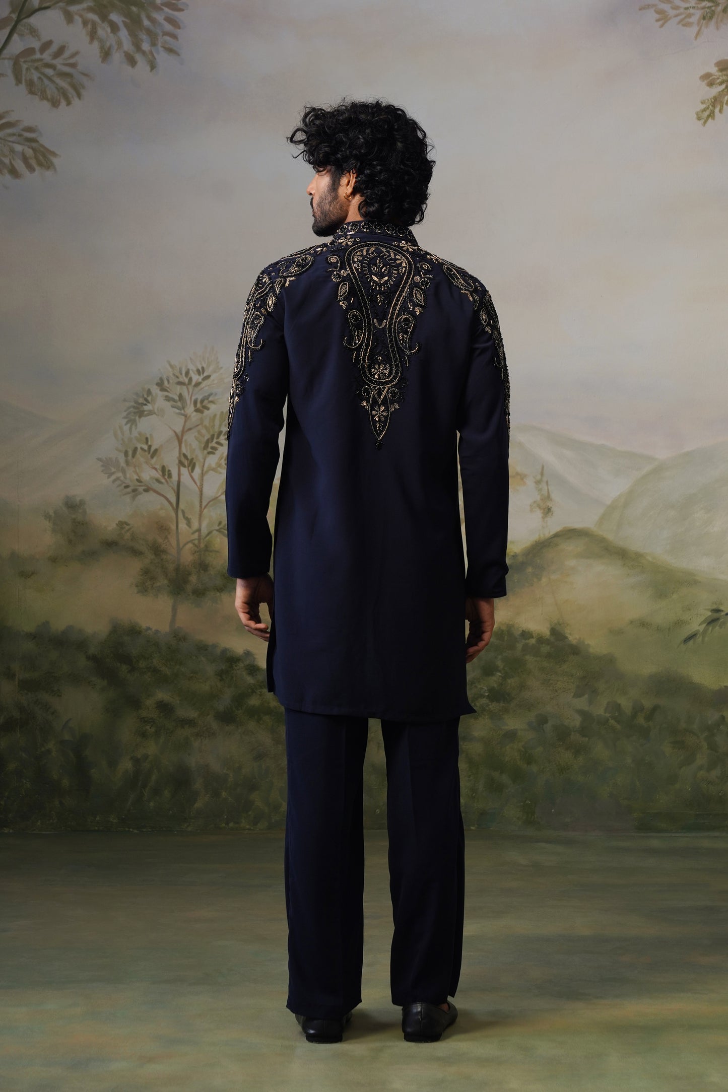 Noor Navy Paisley Bead Embroidered Kurta Set
