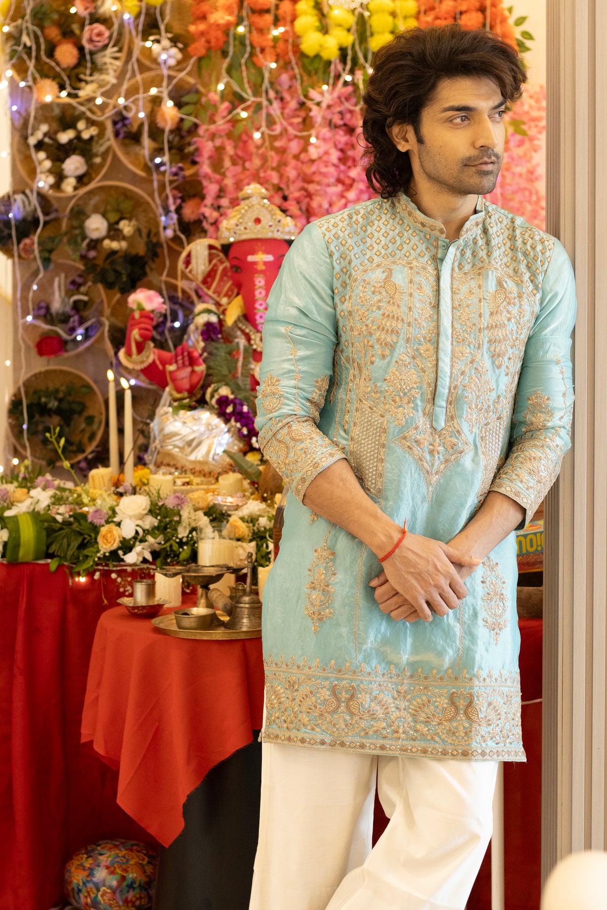 Gurmeet Choudhary in Firoza Turquoise Cord Threadwork Kurta Set