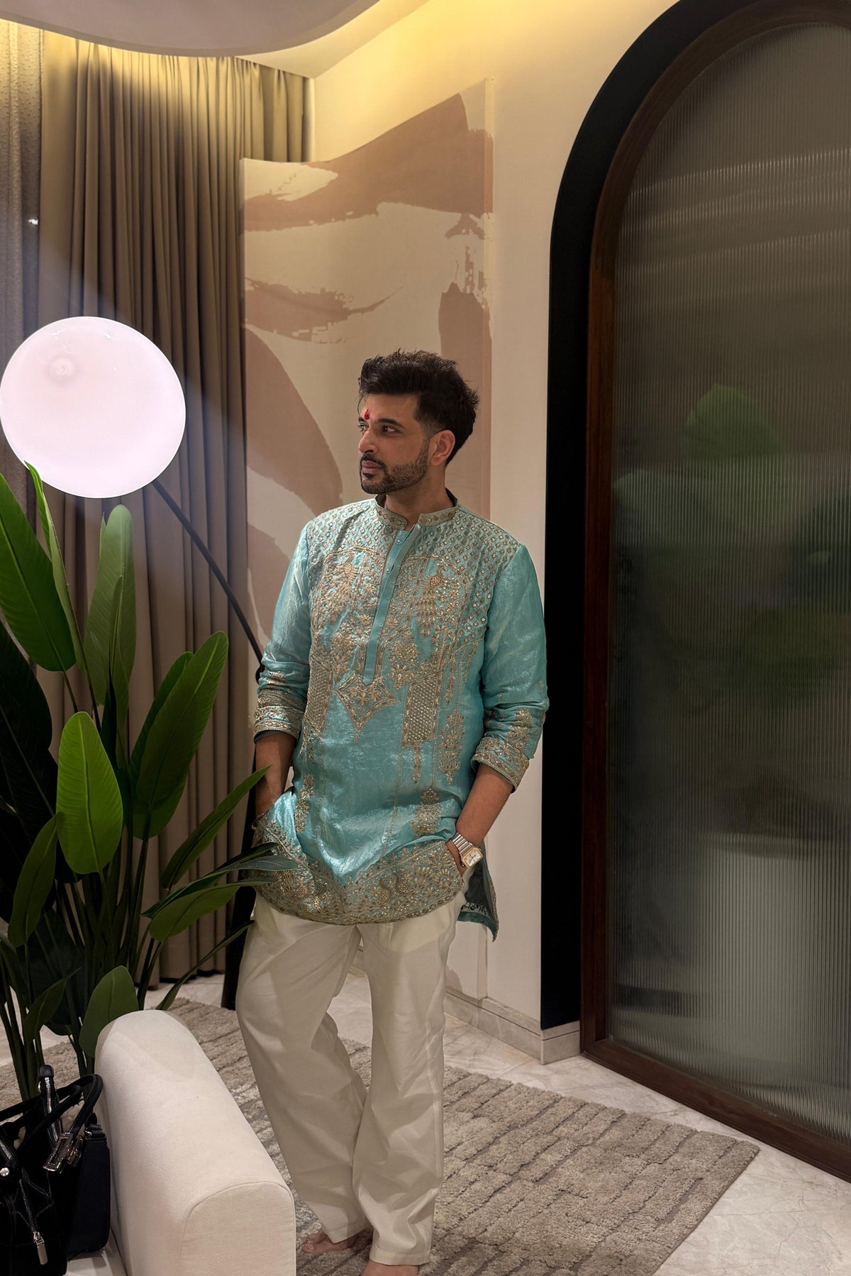 Karan Kundra in Firoza Turquoise Cord Threadwork Kurta Set