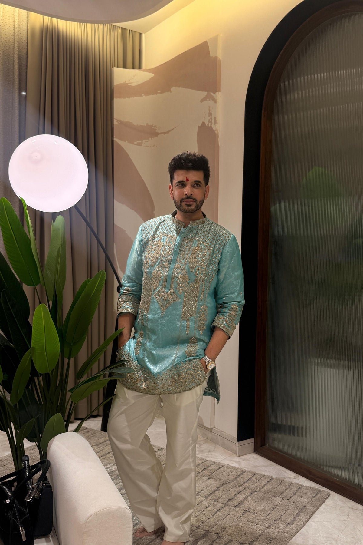 Karan Kundra in Firoza Turquoise Cord Threadwork Kurta Set