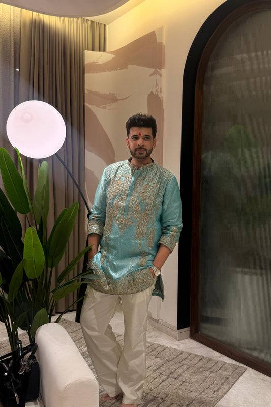 Karan Kundra in Firoza Turquoise Cord Threadwork Kurta Set