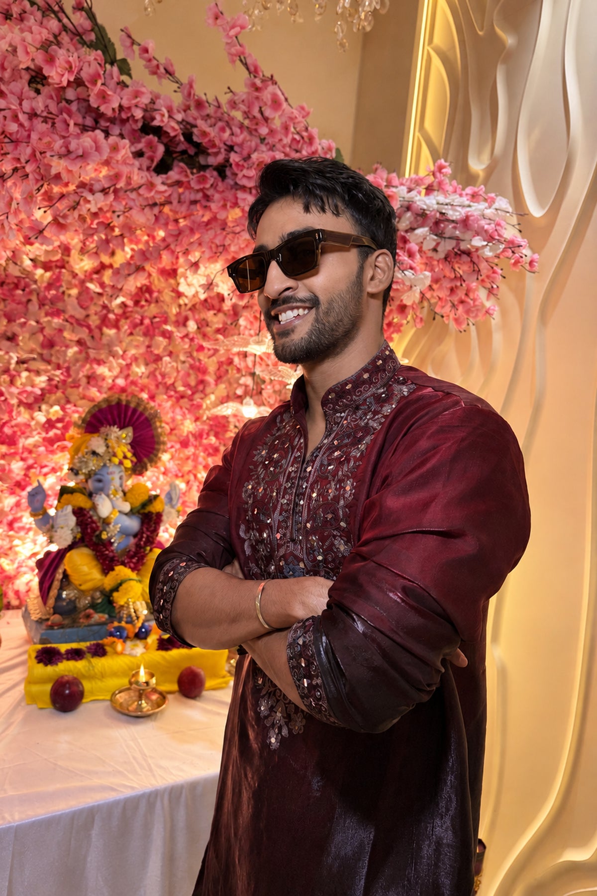 Vivek Keshari in Sikander Maroon Mirror Embroidered Kurta Set