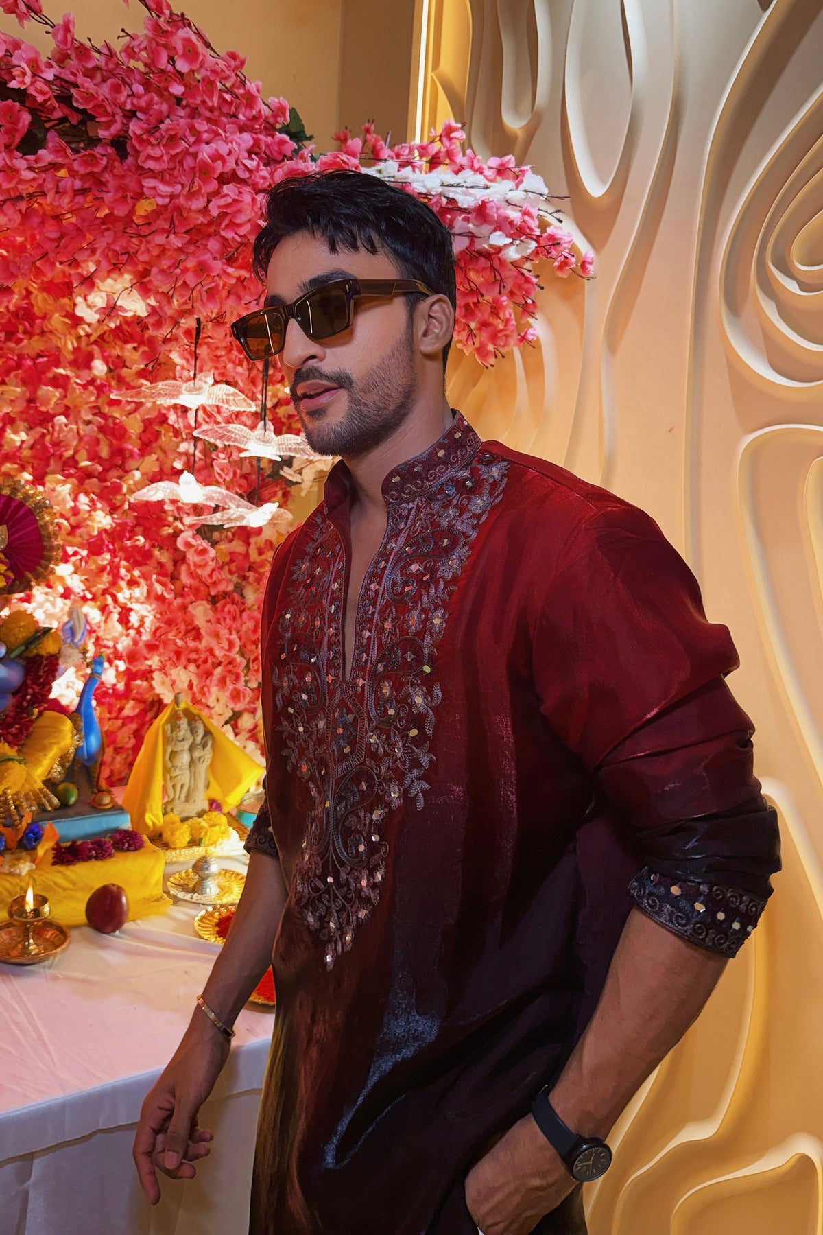 Vivek Keshari in Sikander Maroon Mirror Embroidered Kurta Set