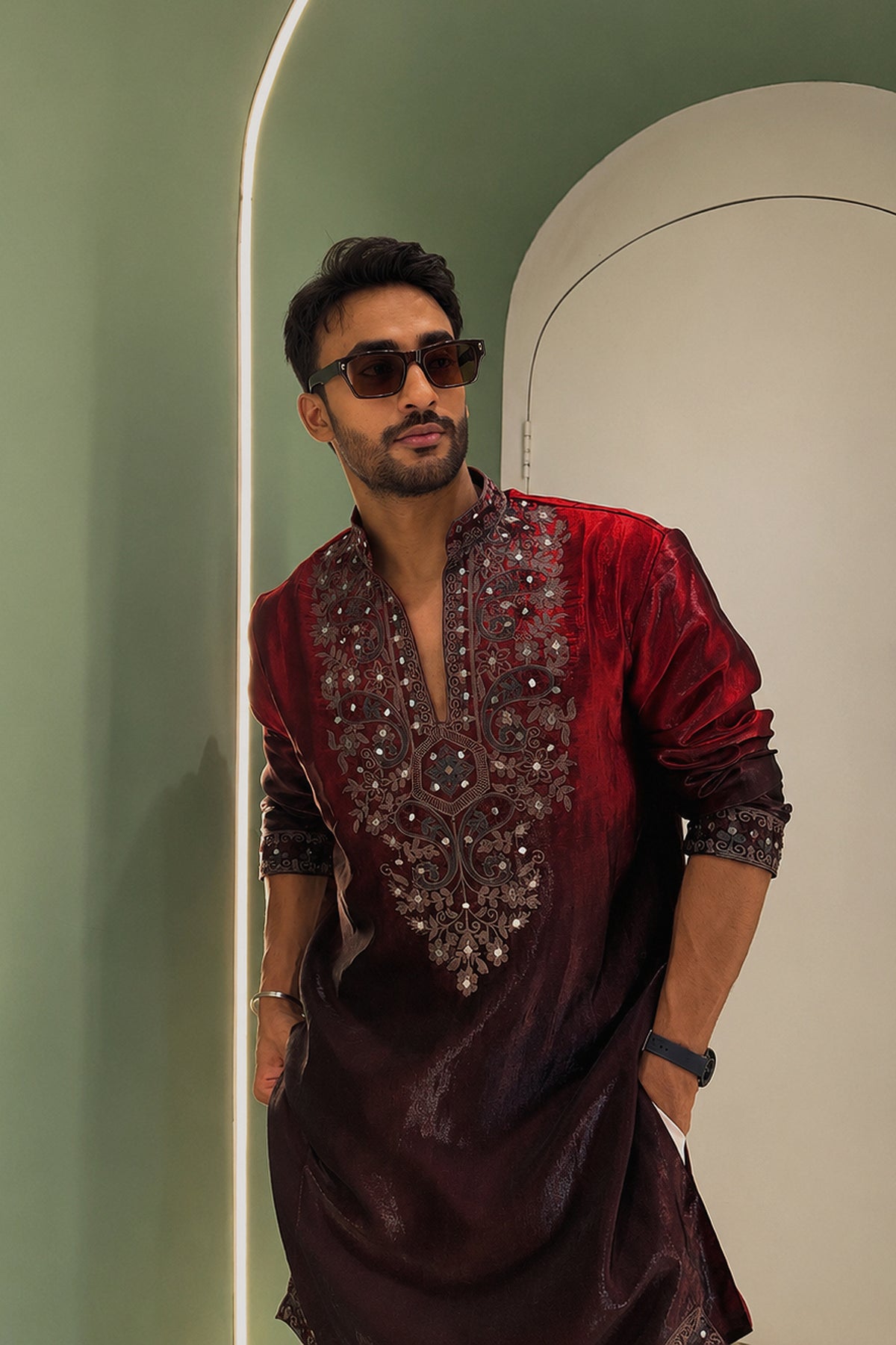 Vivek Keshari in Sikander Maroon Mirror Embroidered Kurta Set
