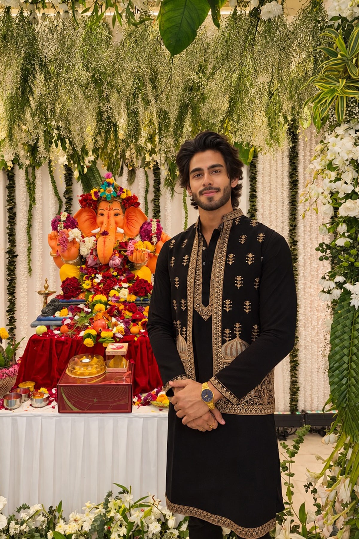 Rishabh Jaiswal in Noir Dome Embroidery Kurta Jacket Set
