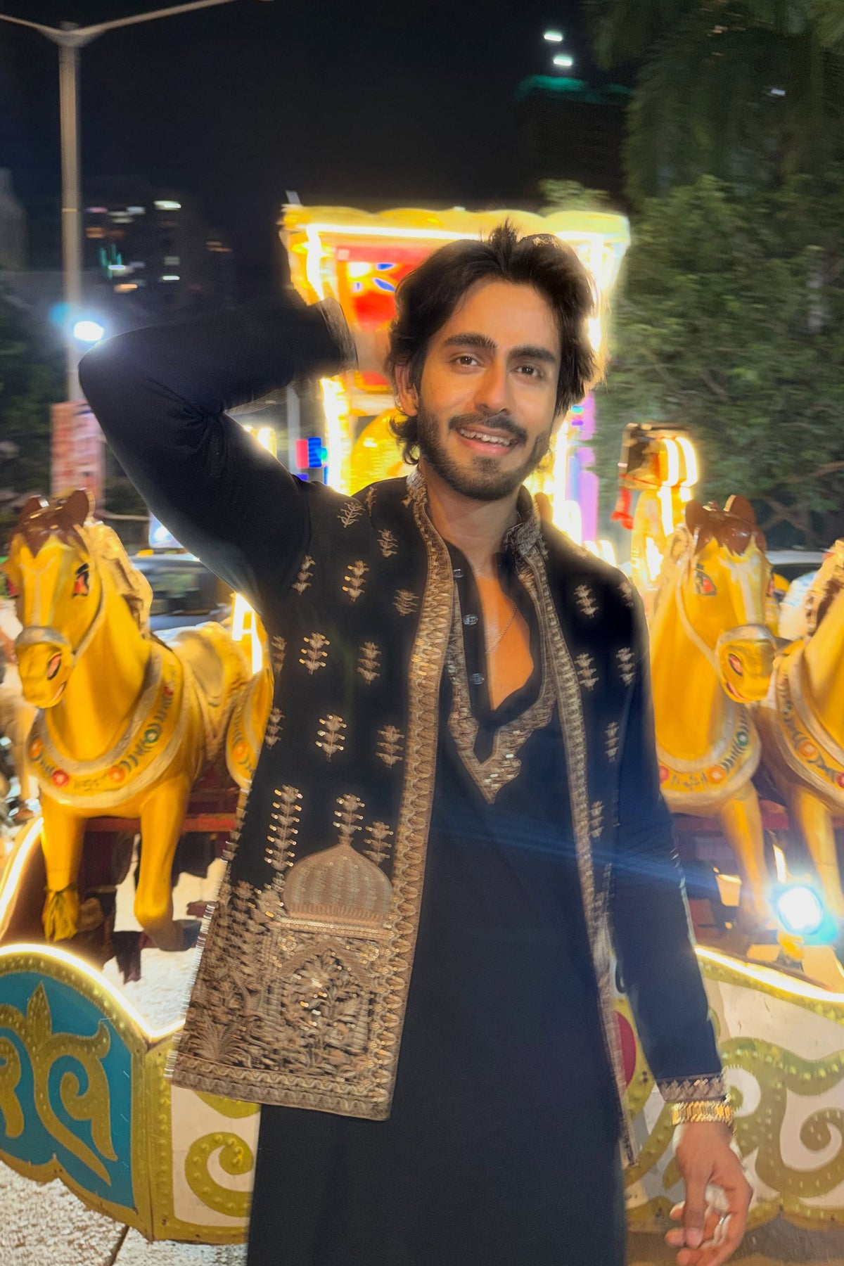 Rishabh Jaiswal in Noir Dome Embroidery Kurta Jacket Set