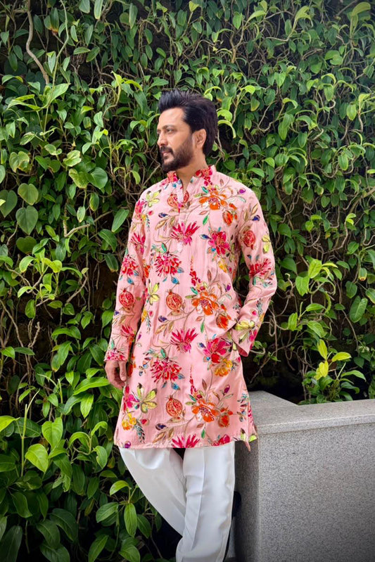 Riteish Deshmukh in Gulbahar Pink Bead Embroidered Kurta Set