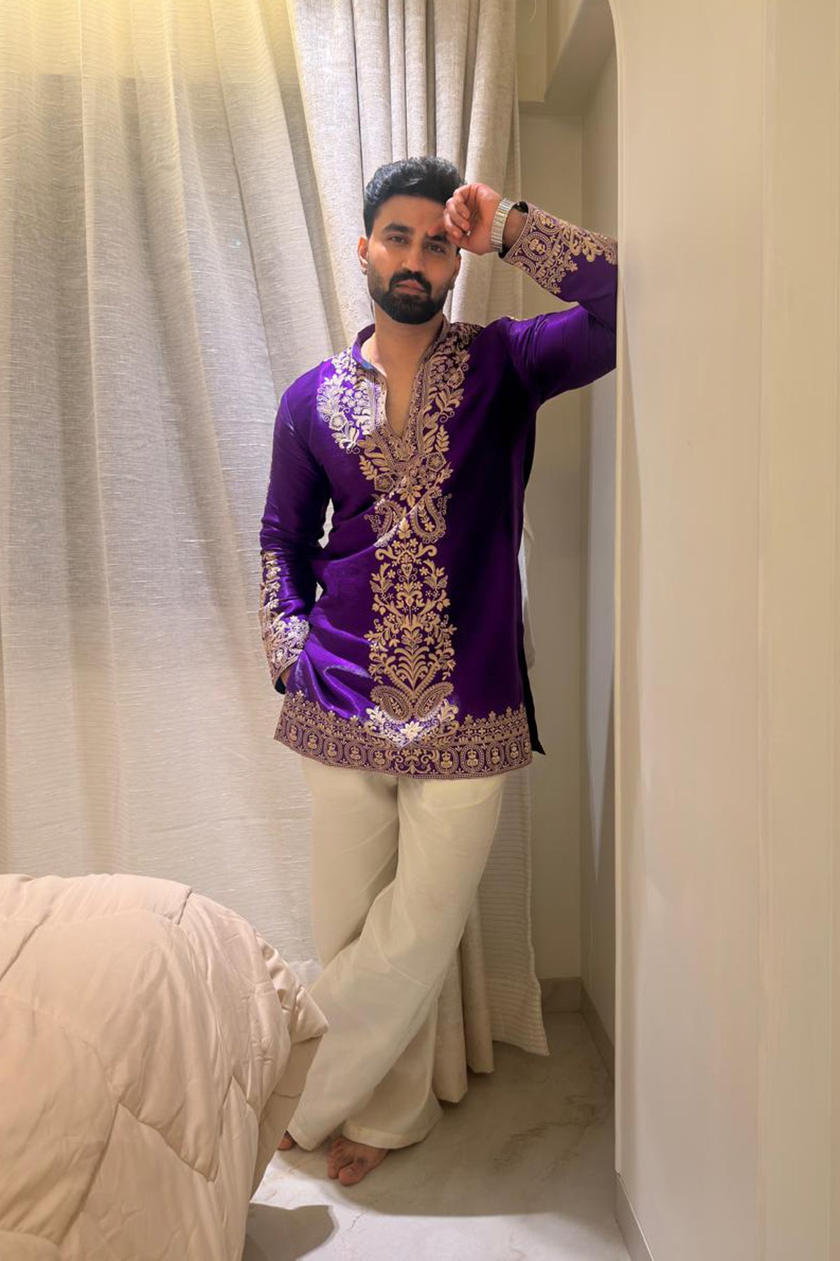 Aaryamann Sseth in Nawab Purple Cord Threadwork Kurta Set